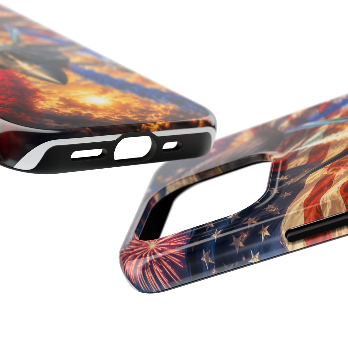 Patriotic Fighter Jet Phone Case with Eagle, American Flag & Fireworks Design
