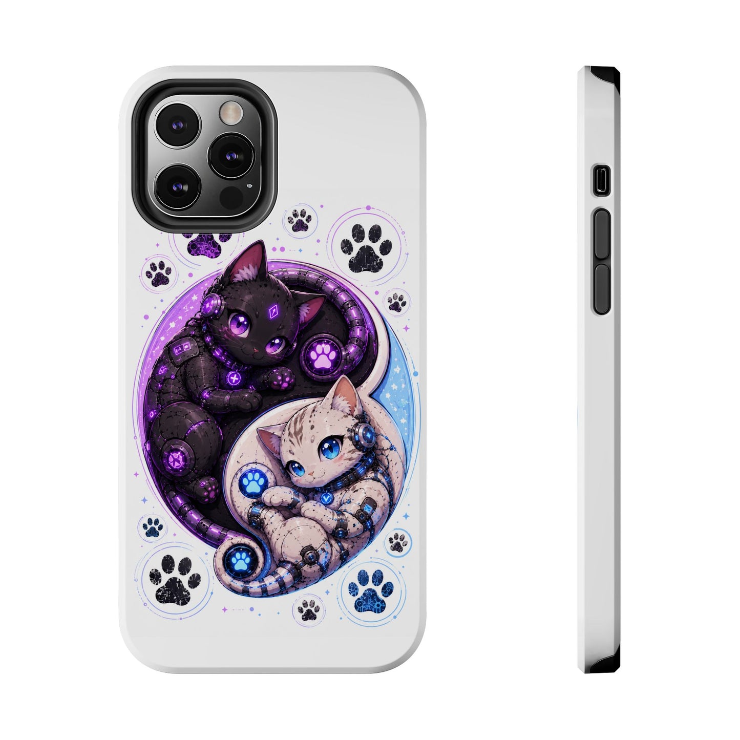Cat Yin Yang Tough Phone Case — Black & White Kittens, Paw Print Protective Cover