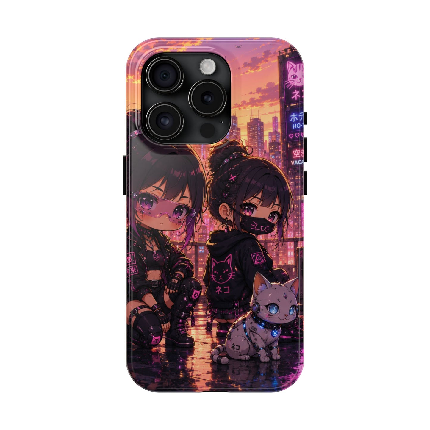 Anime City Night Tough Phone Case — Kawaii Cyberpunk Characters & Cat