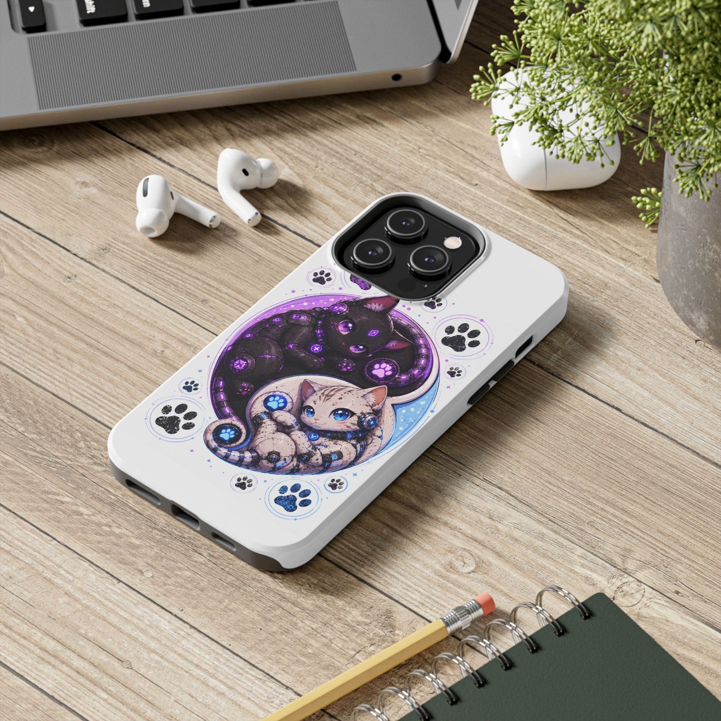 Cat Yin Yang Tough Phone Case — Black & White Kittens, Paw Print Protective Cover