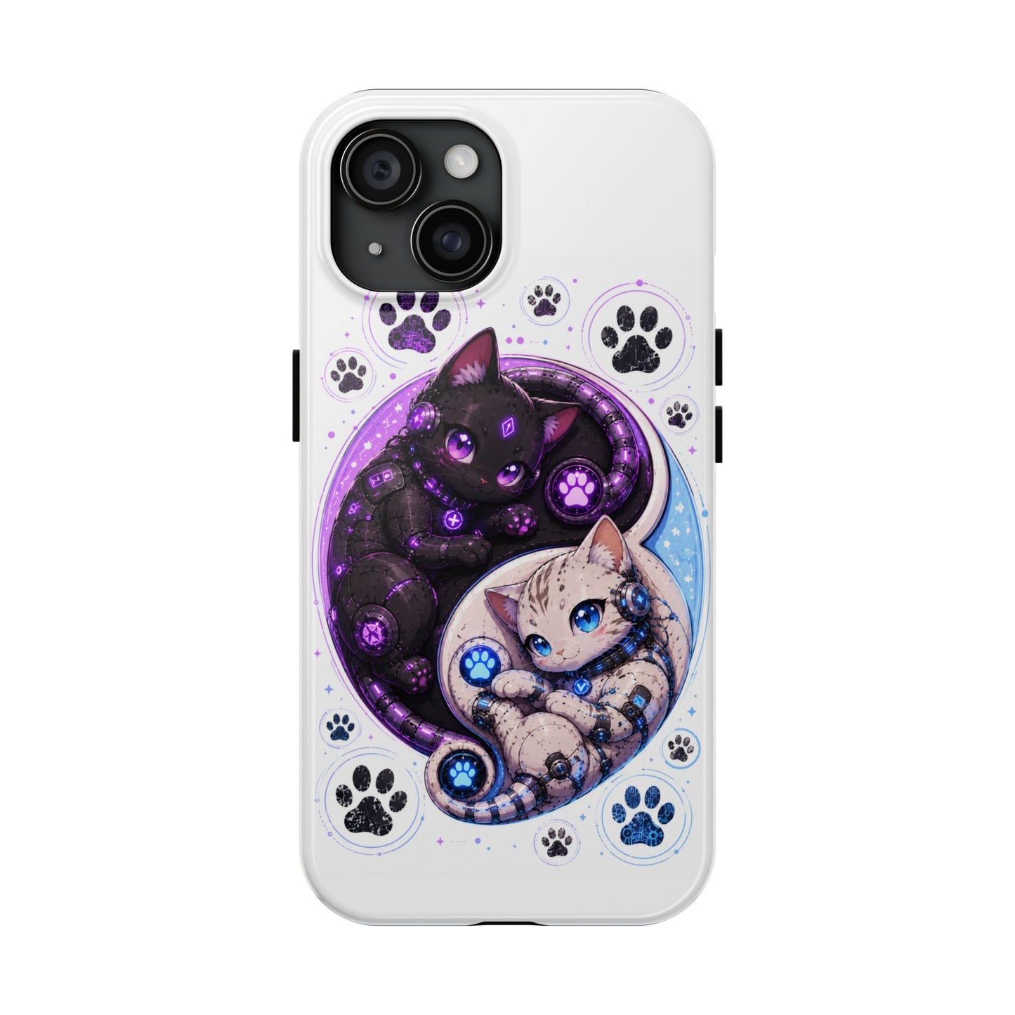 Cat Yin Yang Tough Phone Case — Black & White Kittens, Paw Print Protective Cover