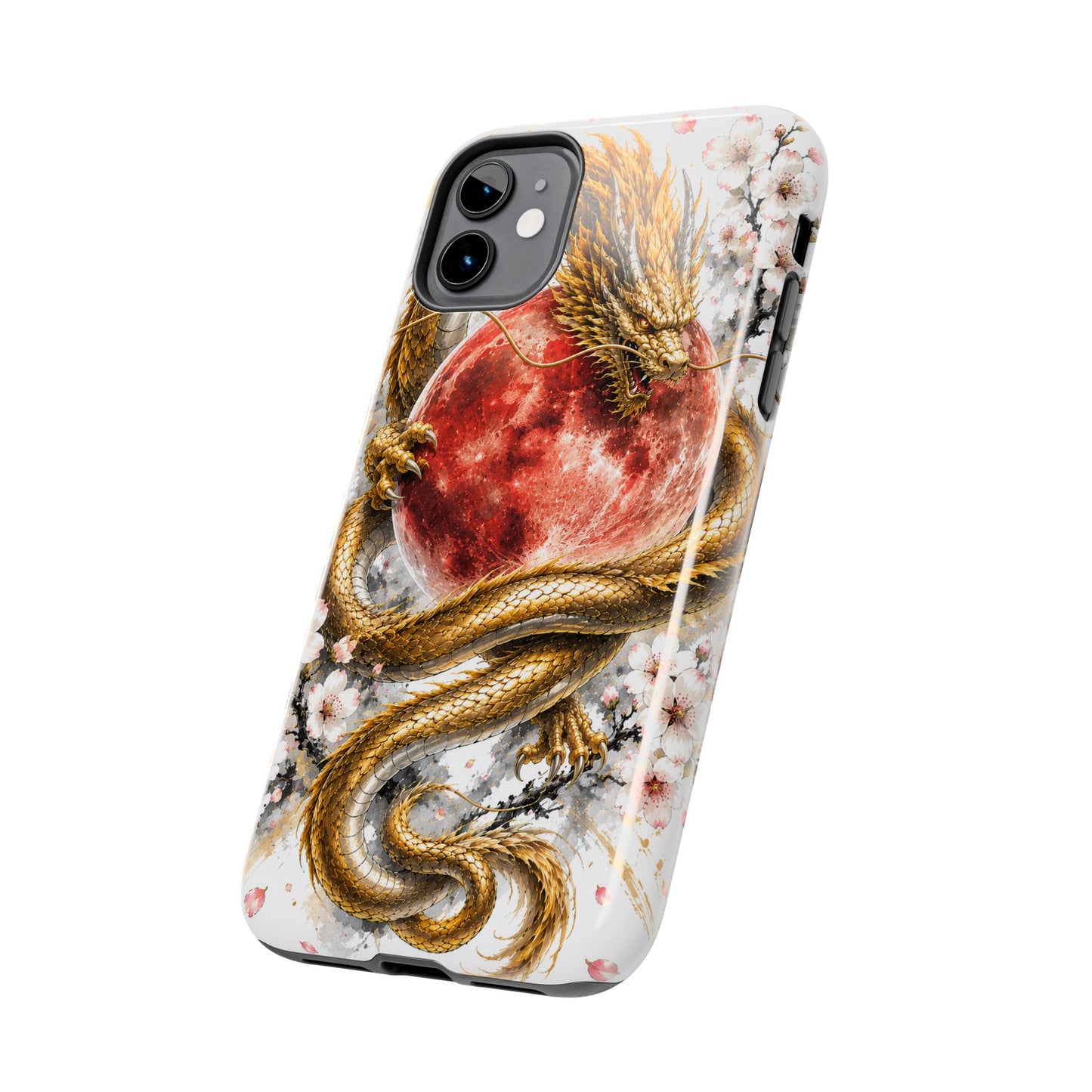 Golden Dragon Phone Case — Red Moon & Cherry Blossom Tough Phone Case