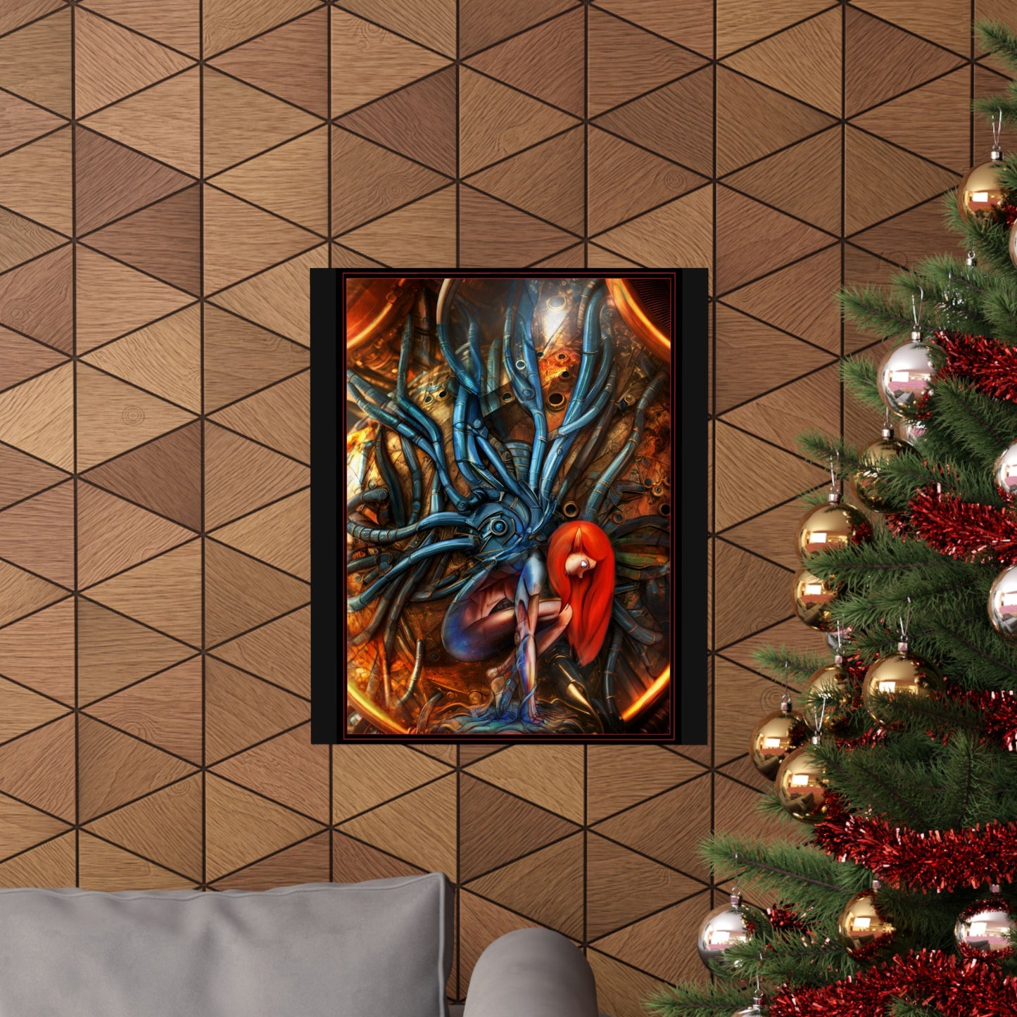Sci‑Fi Surreal Poster — Red‑Haired Cyborg & Mechanical Kraken Matte Vertical Art