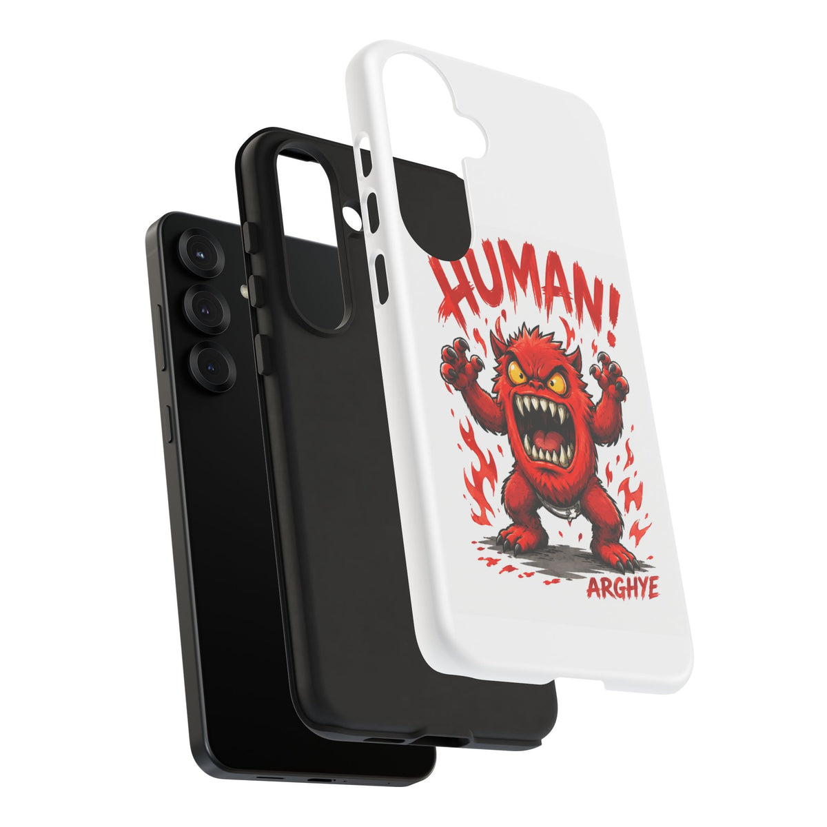 Angry Monster "HUMAN!" Phone Case — Cute Fiery Creature iPhone Cover