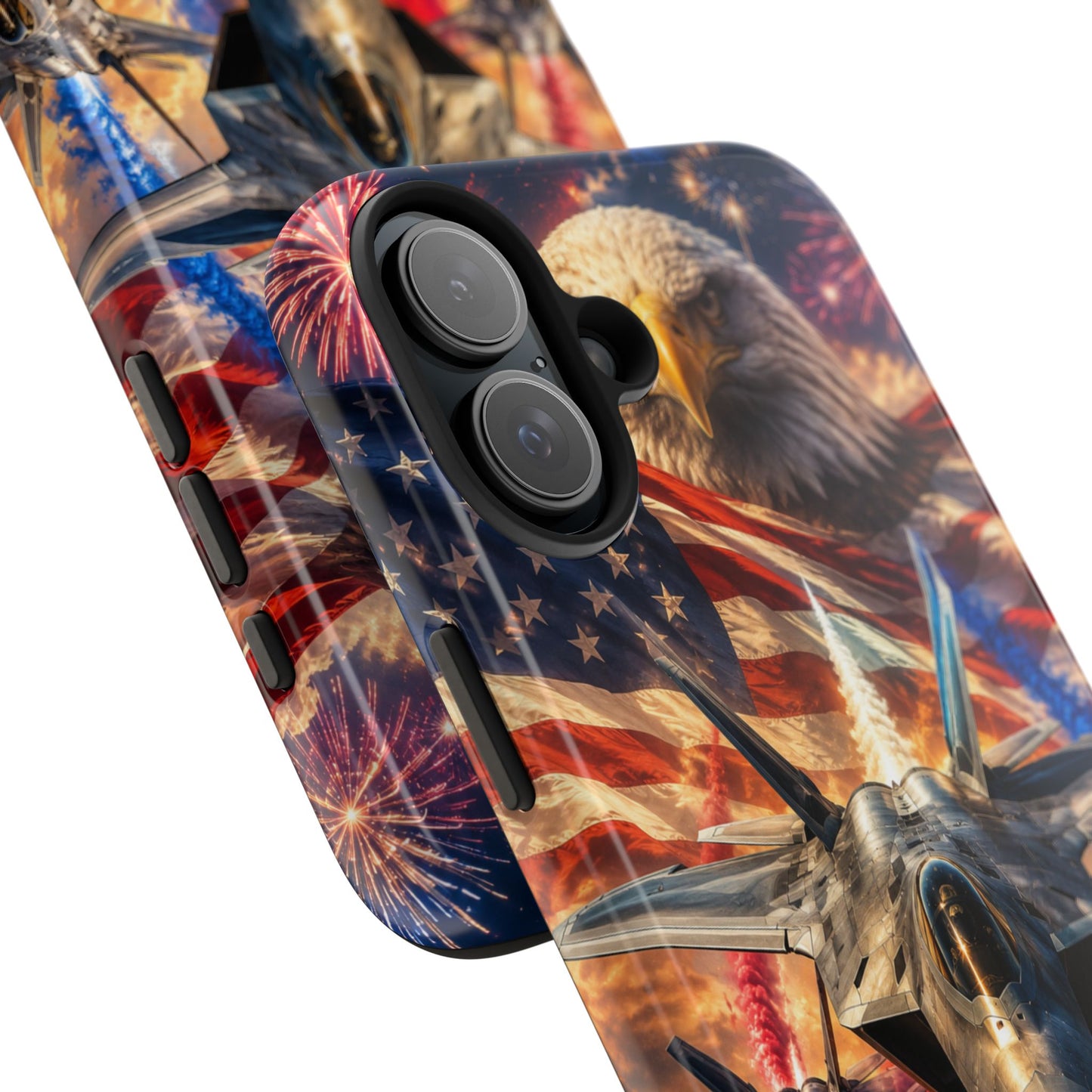 Patriotic Fighter Jet Phone Case with Eagle, American Flag & Fireworks Design