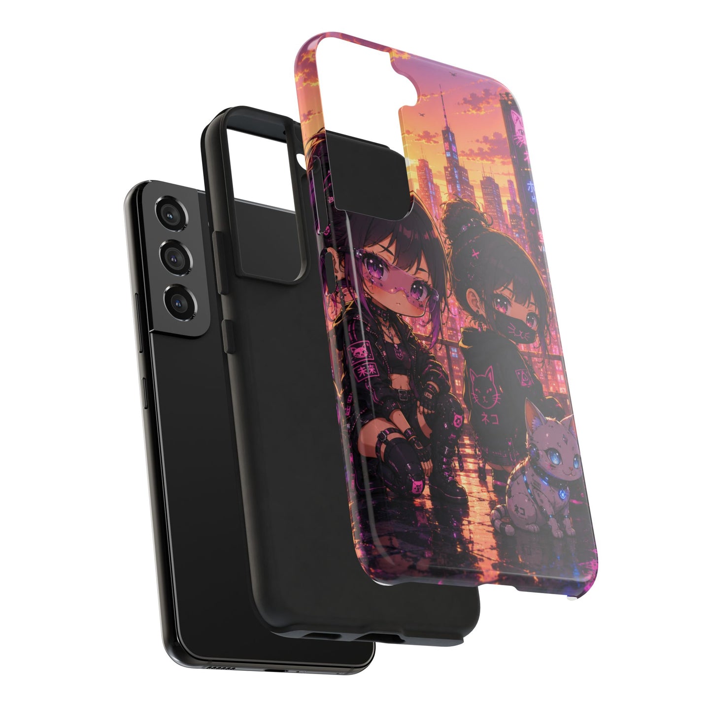 Anime City Night Tough Phone Case — Kawaii Cyberpunk Characters & Cat