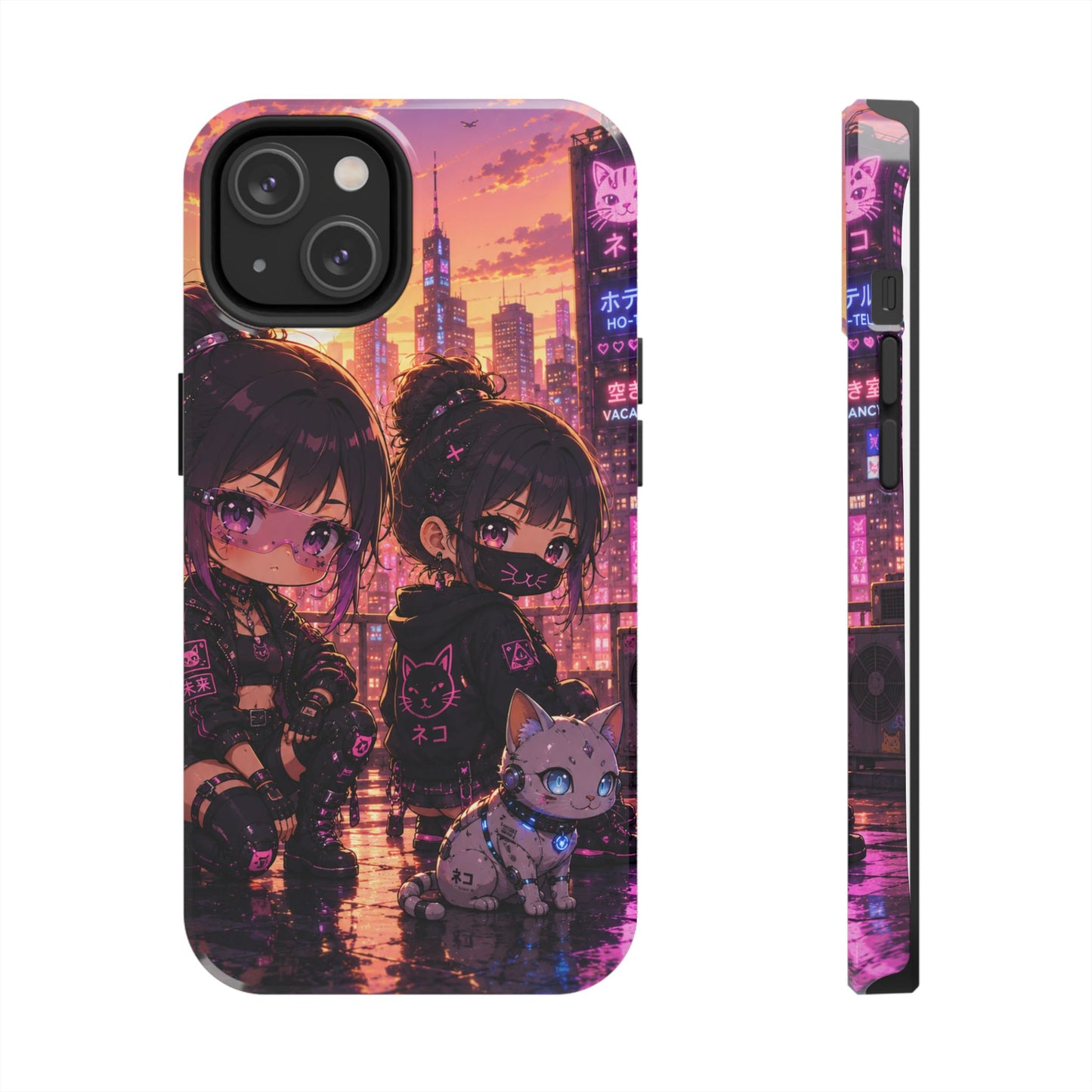 Anime City Night Tough Phone Case — Kawaii Cyberpunk Characters & Cat