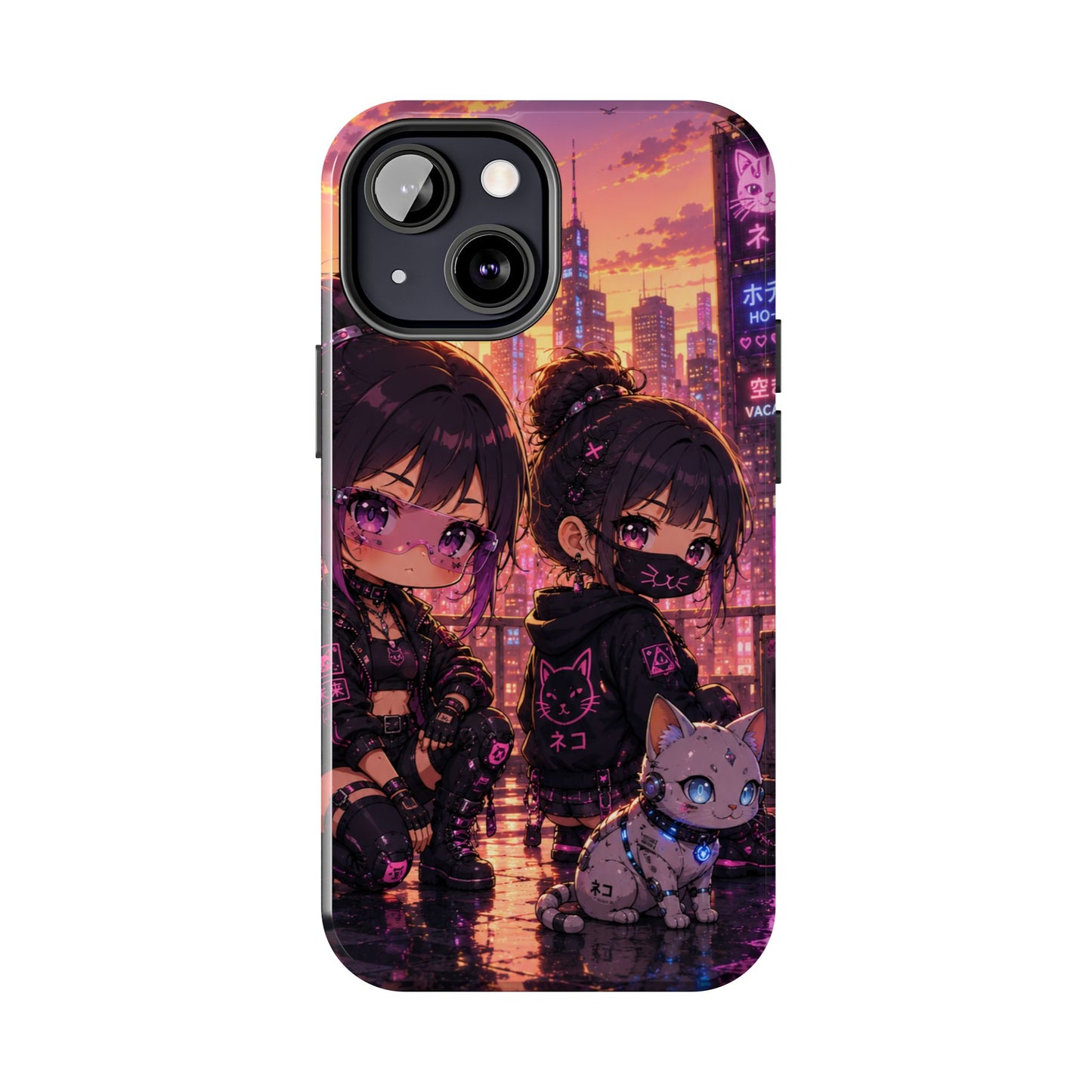 Anime City Night Tough Phone Case — Kawaii Cyberpunk Characters & Cat