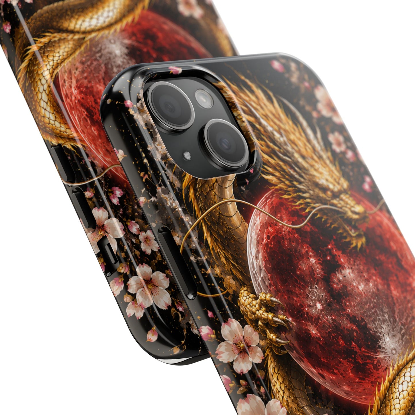 Golden Dragon Moon Tough Phone Case — Cherry Blossoms & Red Moon Protective Cover