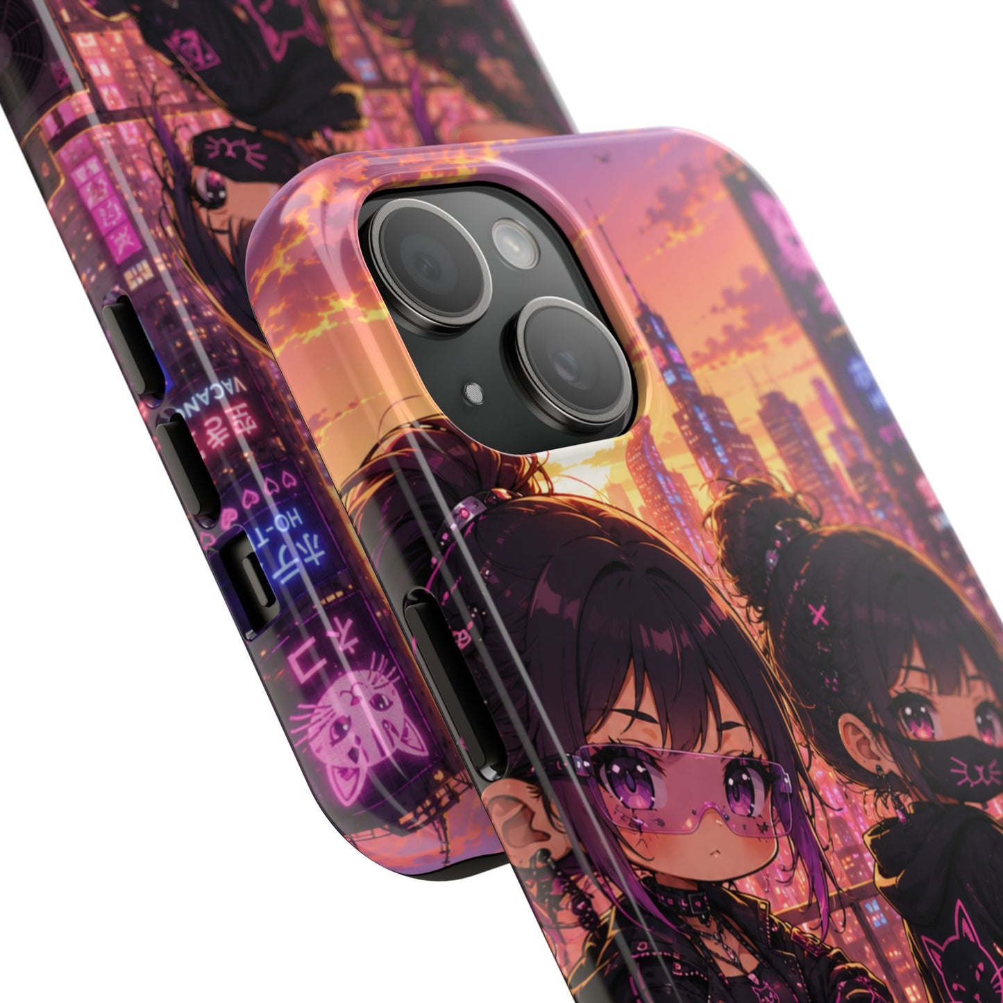 Anime City Night Tough Phone Case — Kawaii Cyberpunk Characters & Cat