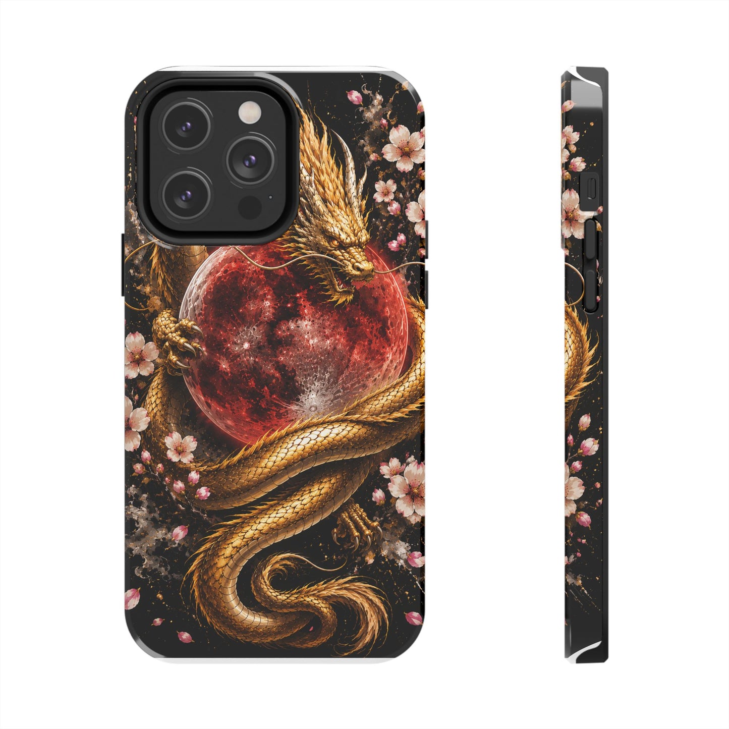 Golden Dragon Moon Tough Phone Case — Cherry Blossoms & Red Moon Protective Cover