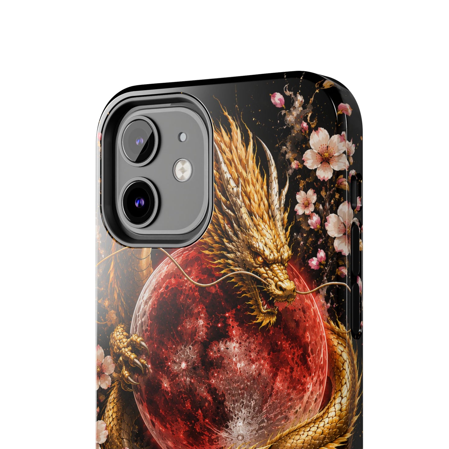Golden Dragon Moon Tough Phone Case — Cherry Blossoms & Red Moon Protective Cover