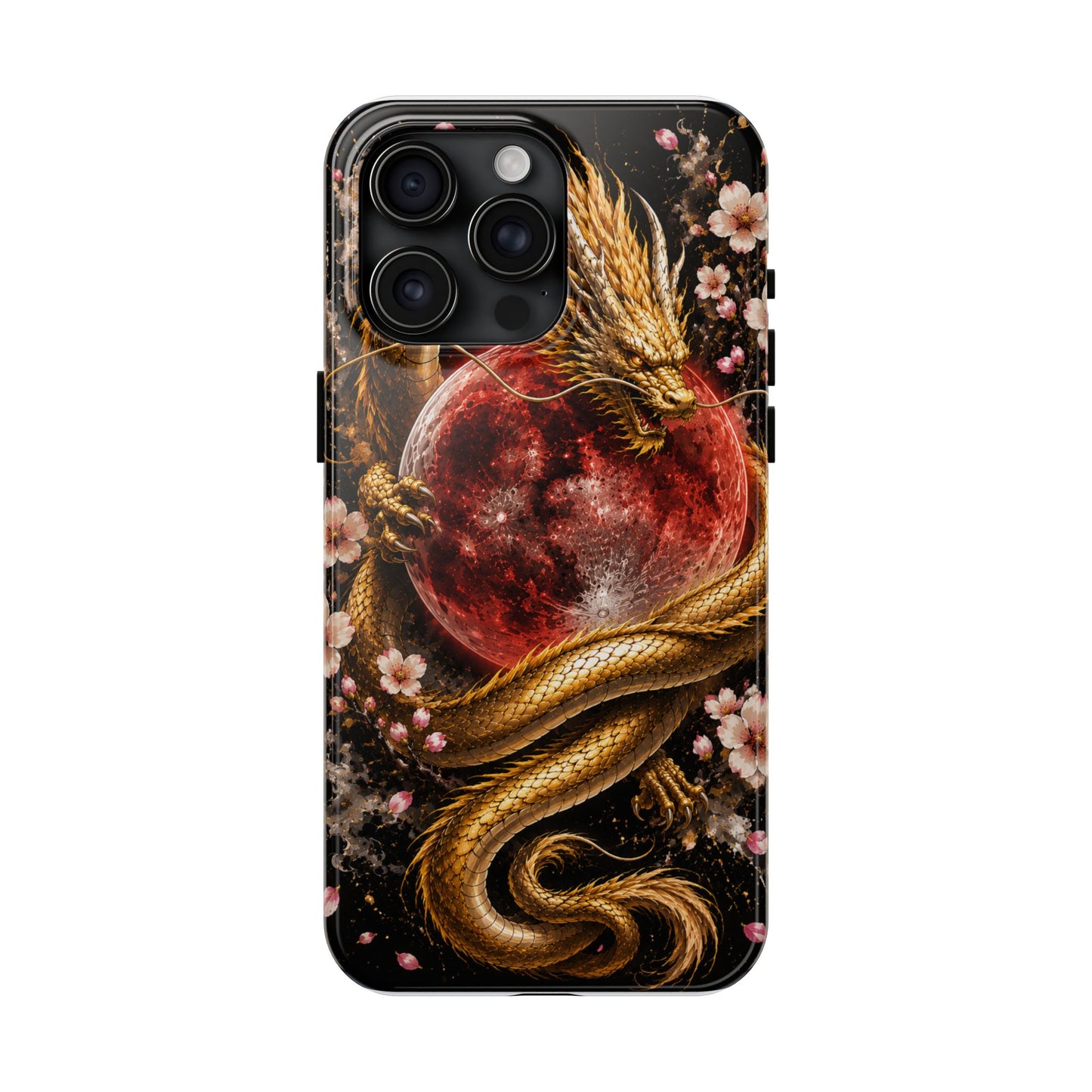 Golden Dragon Moon Tough Phone Case — Cherry Blossoms & Red Moon Protective Cover