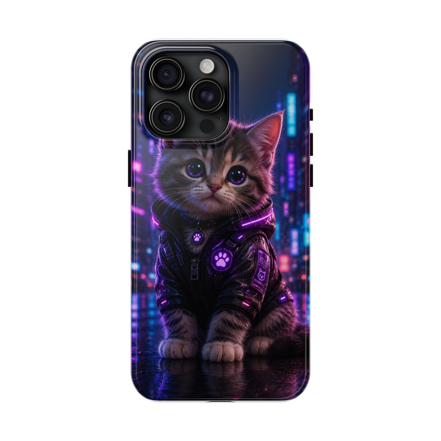 Cyberpunk Kitten Tough Phone Case — Neon Cat Protective Phone Cover