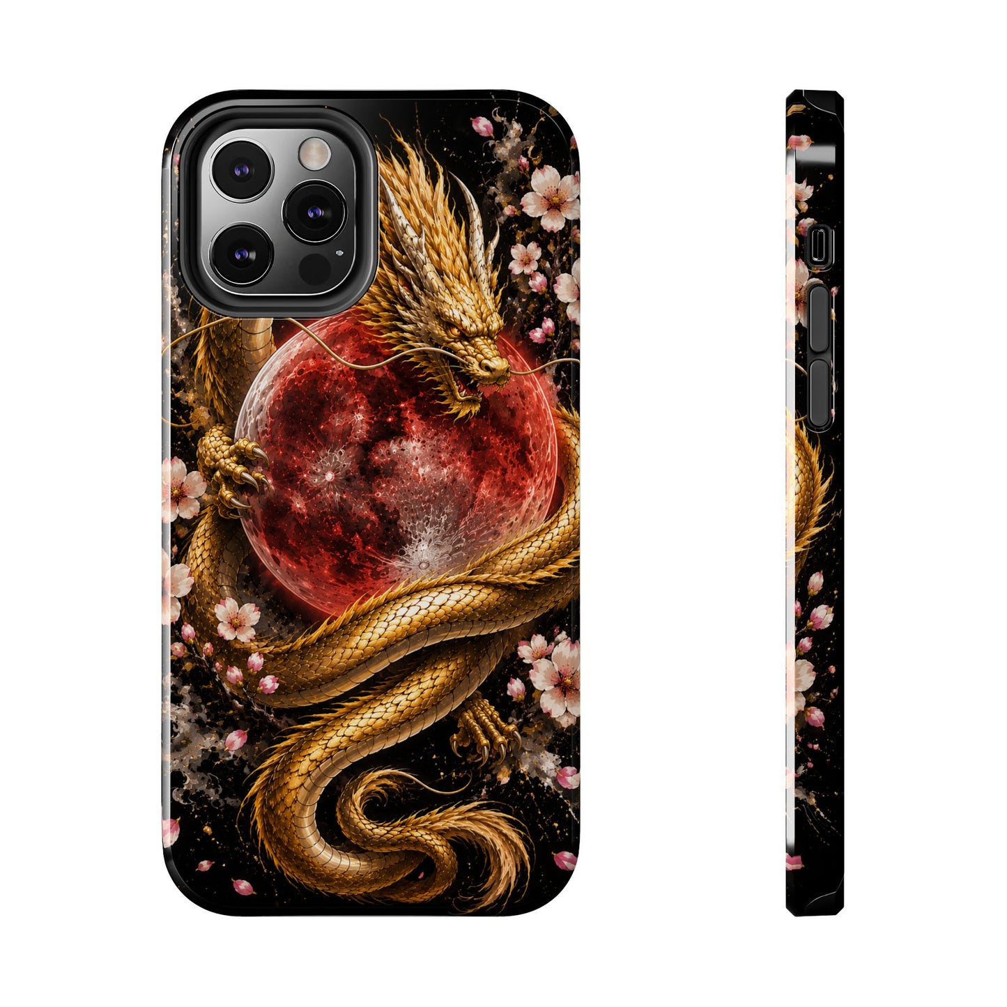 Golden Dragon Moon Tough Phone Case — Cherry Blossoms & Red Moon Protective Cover