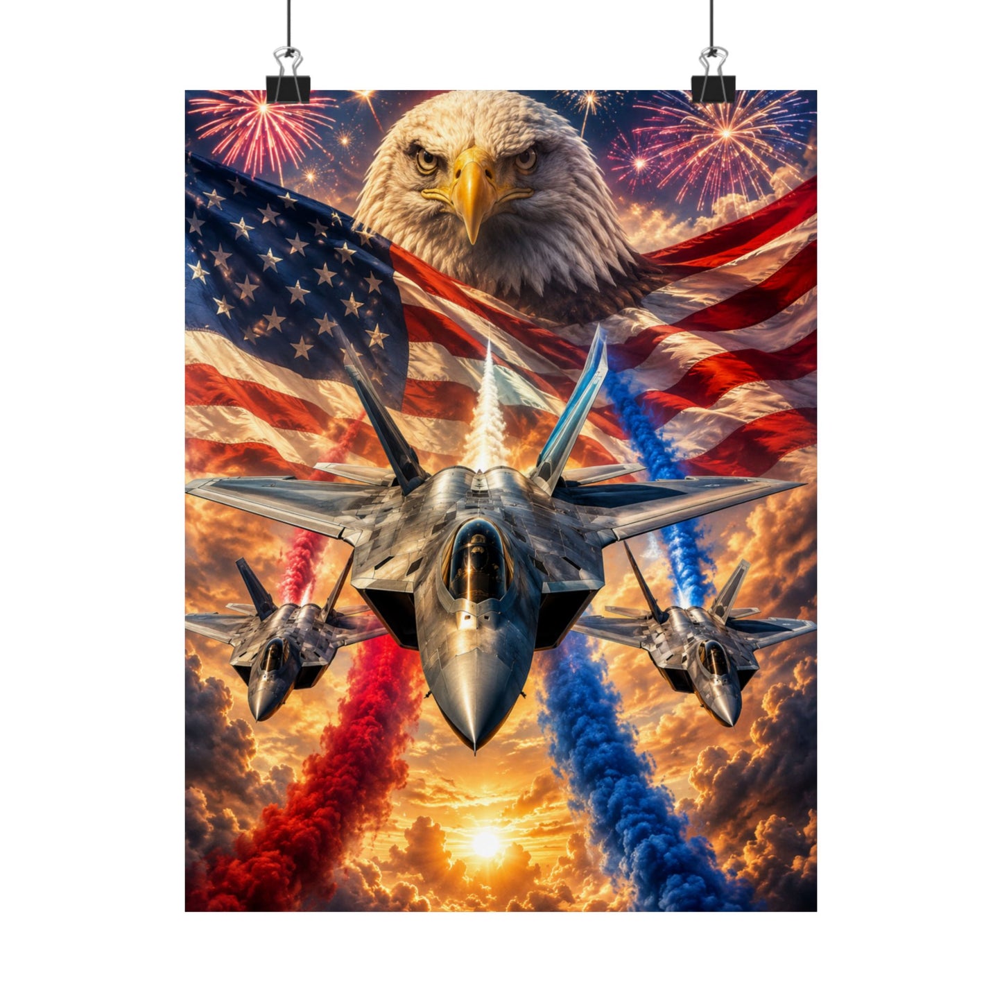 Patriotic Eagle & Fighter Jets Matte Vertical Poster — American Flag, Fireworks & 4th of July Wall Art