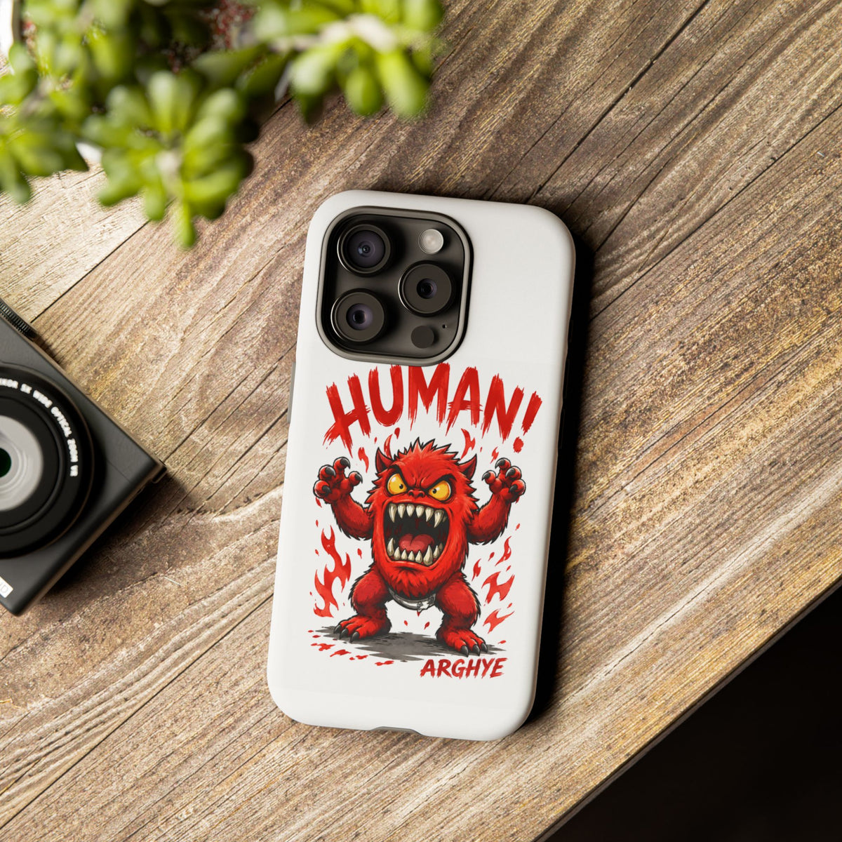 Angry Monster "HUMAN!" Phone Case — Cute Fiery Creature iPhone Cover
