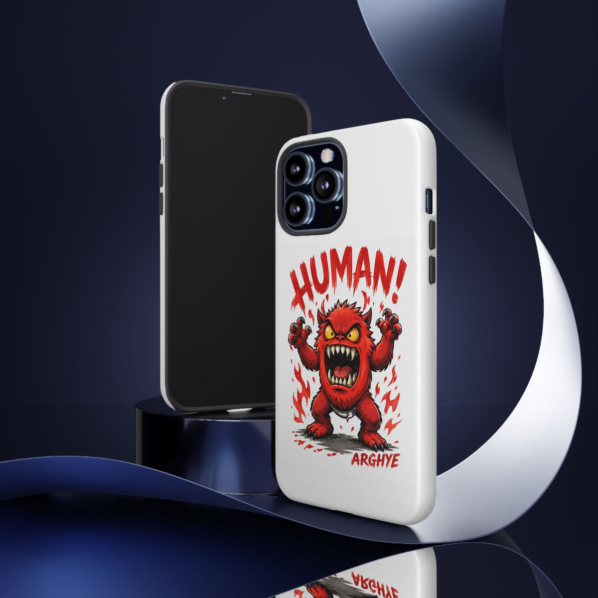 Angry Monster "HUMAN!" Phone Case — Cute Fiery Creature iPhone Cover