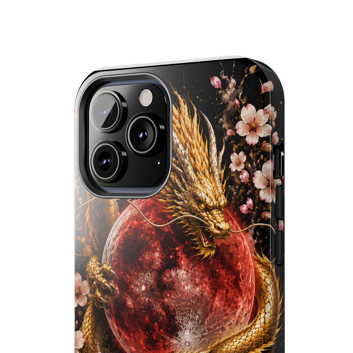 Golden Dragon Moon Tough Phone Case — Cherry Blossoms & Red Moon Protective Cover