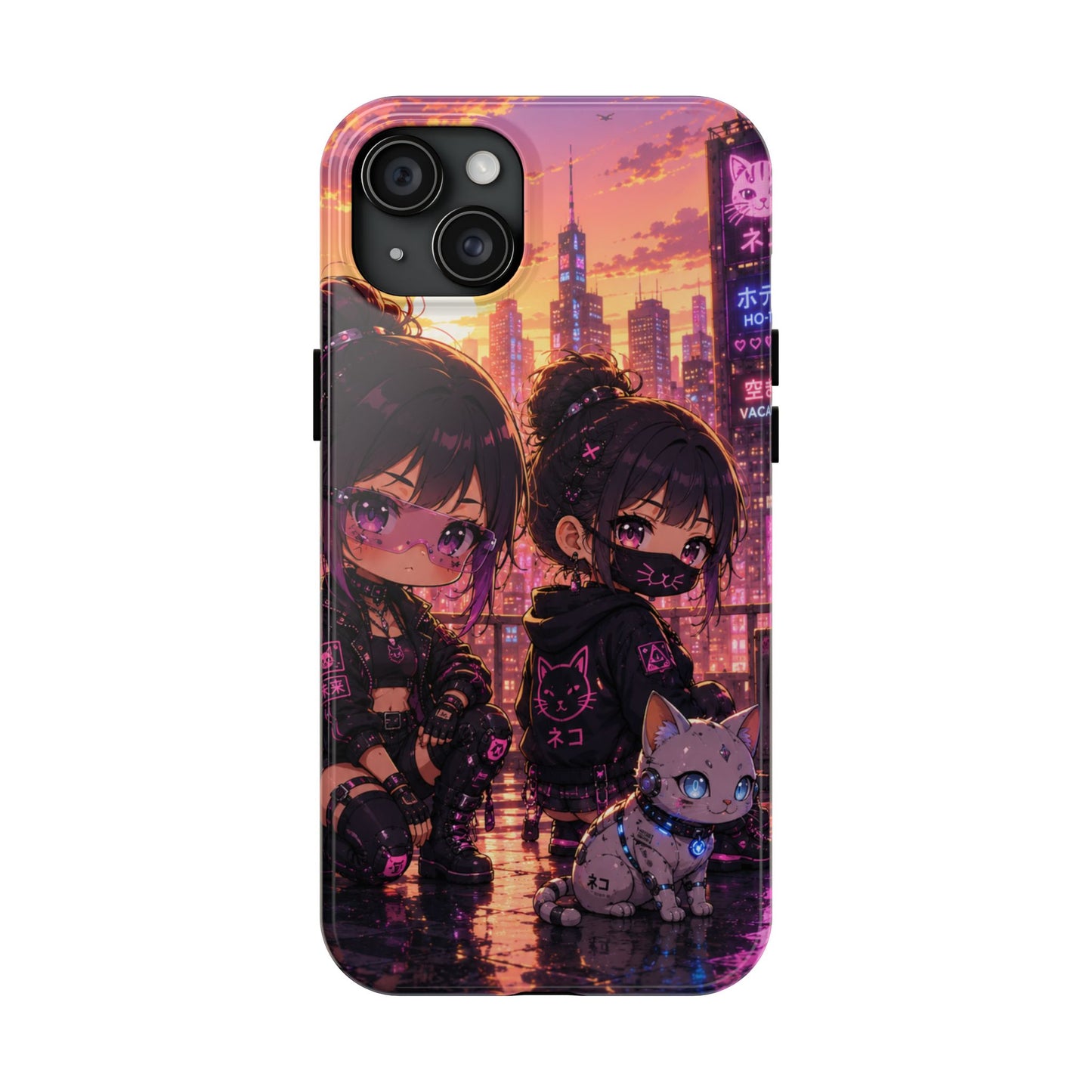 Anime City Night Tough Phone Case — Kawaii Cyberpunk Characters & Cat