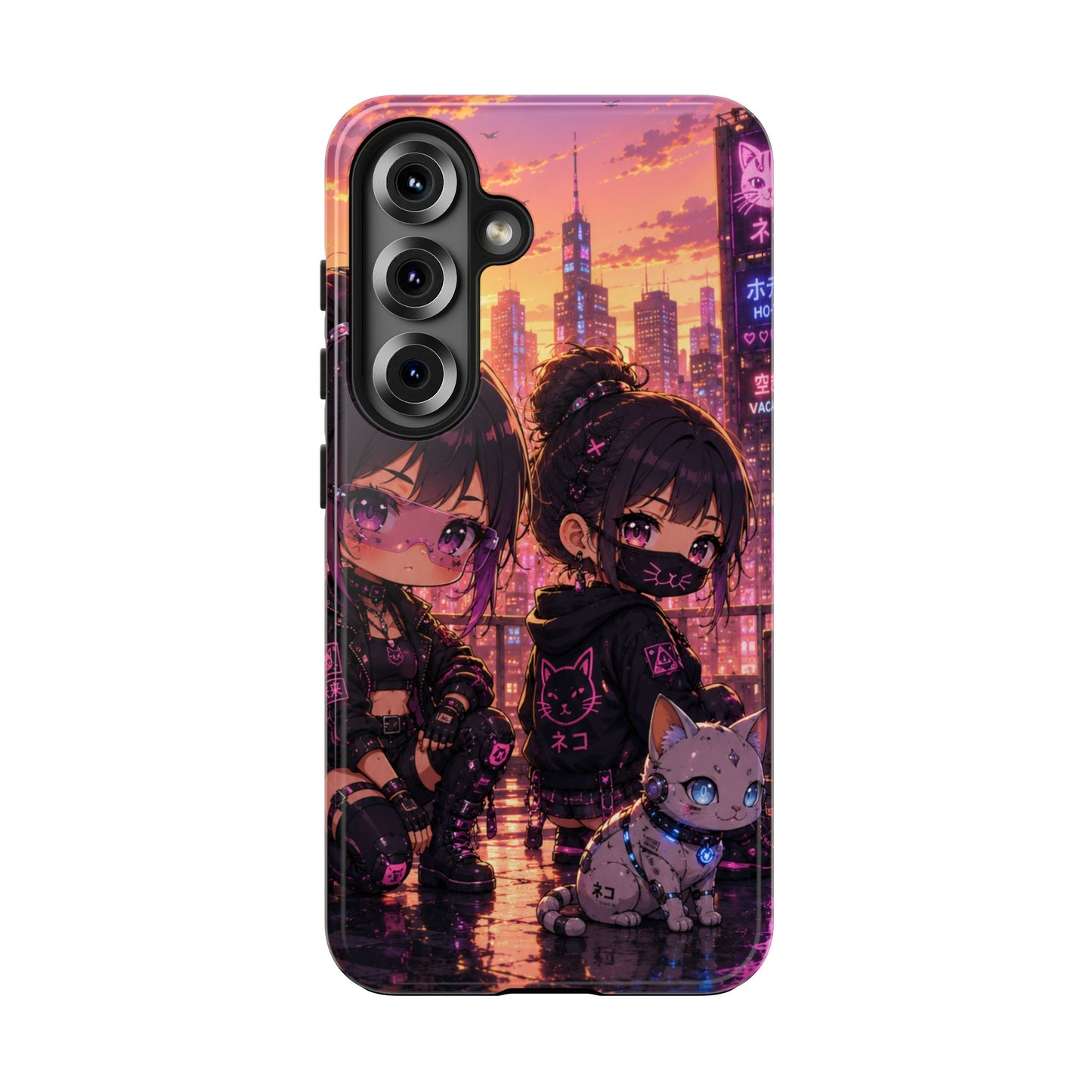 Anime City Night Tough Phone Case — Kawaii Cyberpunk Characters & Cat