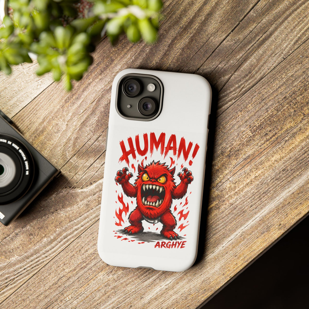 Angry Monster "HUMAN!" Phone Case — Cute Fiery Creature iPhone Cover
