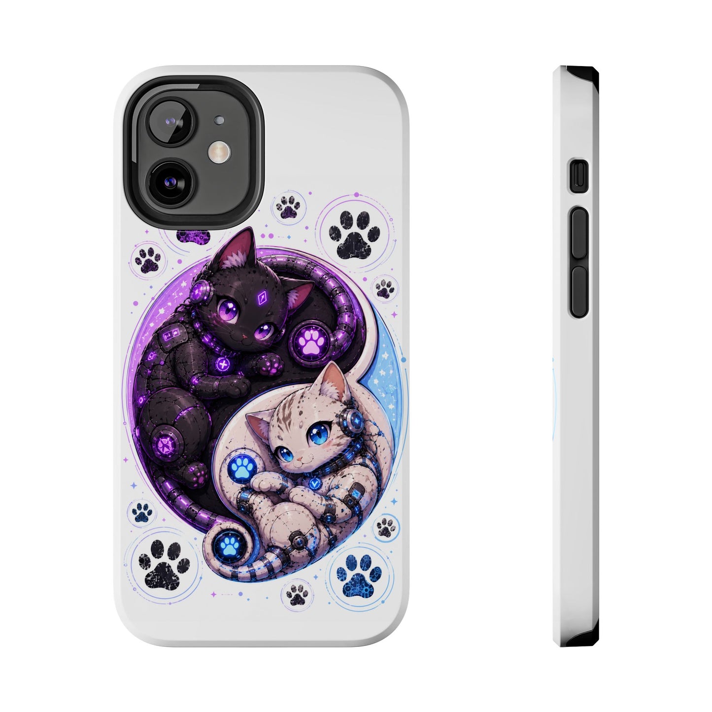 Cat Yin Yang Tough Phone Case — Black & White Kittens, Paw Print Protective Cover