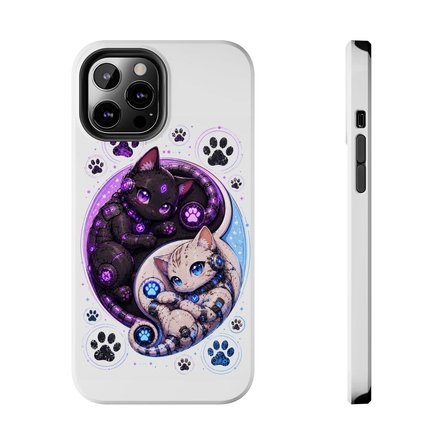 Cat Yin Yang Tough Phone Case — Black & White Kittens, Paw Print Protective Cover