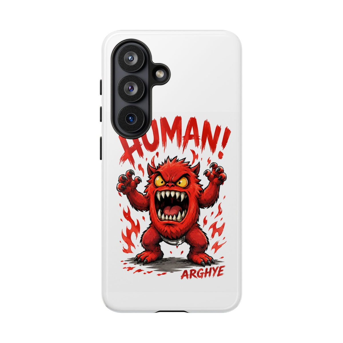 Angry Monster "HUMAN!" Phone Case — Cute Fiery Creature iPhone Cover
