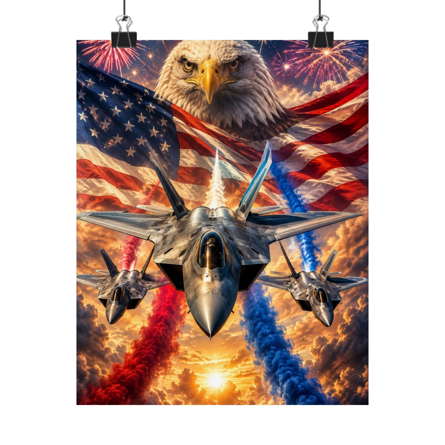 Patriotic Eagle & Fighter Jets Matte Vertical Poster — American Flag, Fireworks & 4th of July Wall Art