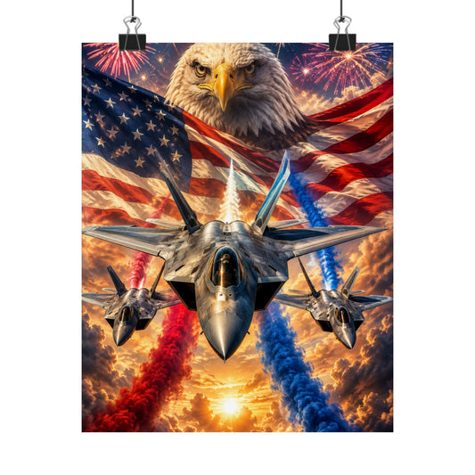 Patriotic Eagle & Fighter Jets Matte Vertical Poster — American Flag, Fireworks & 4th of July Wall Art