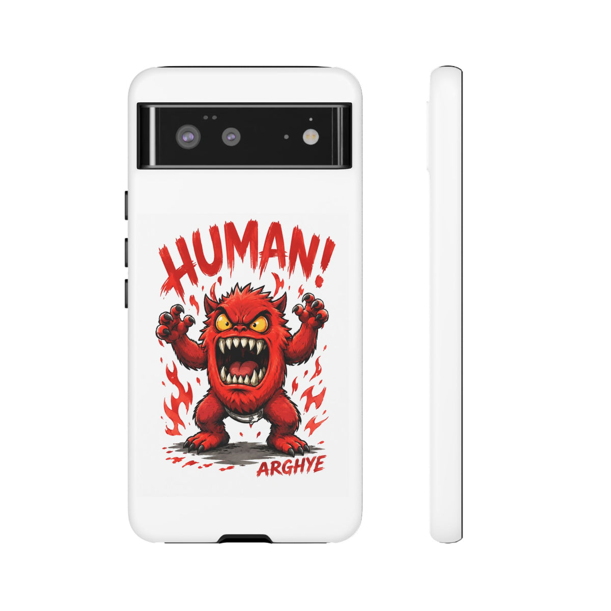 Angry Monster "HUMAN!" Phone Case — Cute Fiery Creature iPhone Cover