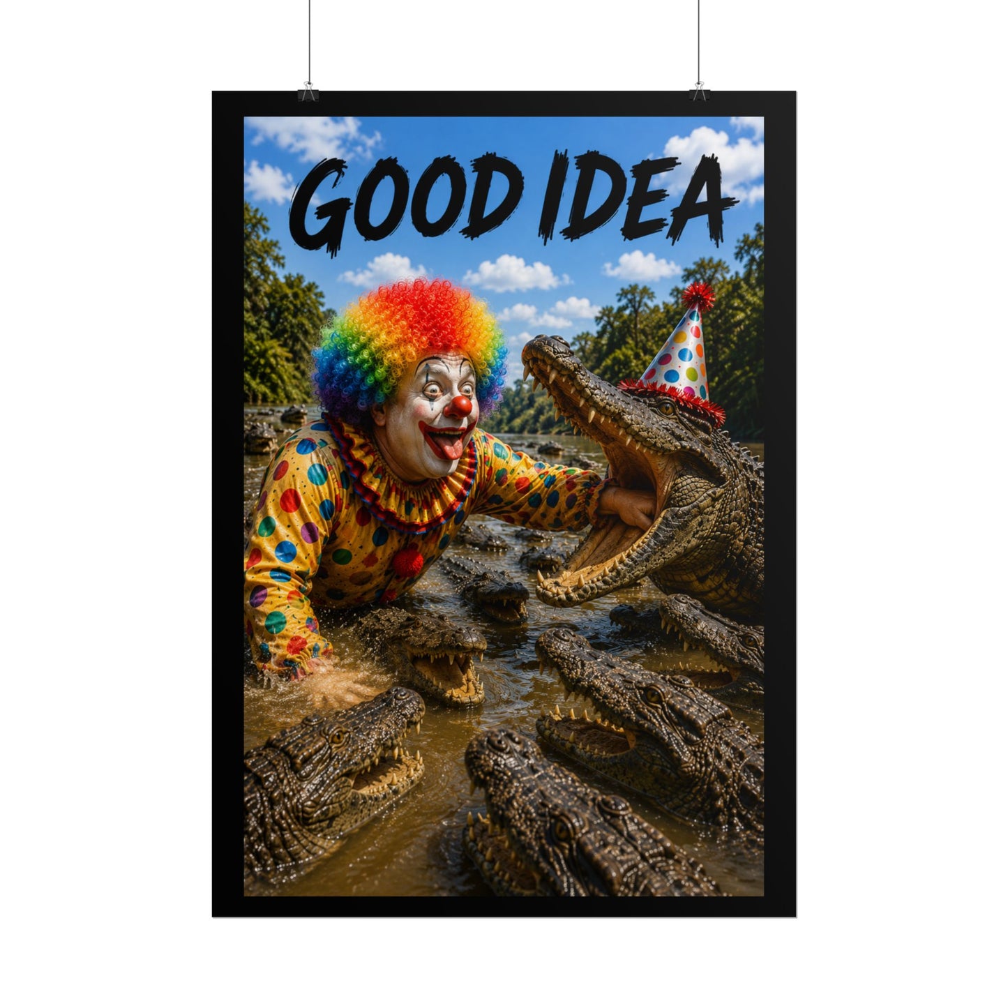 Clown & Crocodile 'Good Idea' Poster - Funny Surreal Wall Art