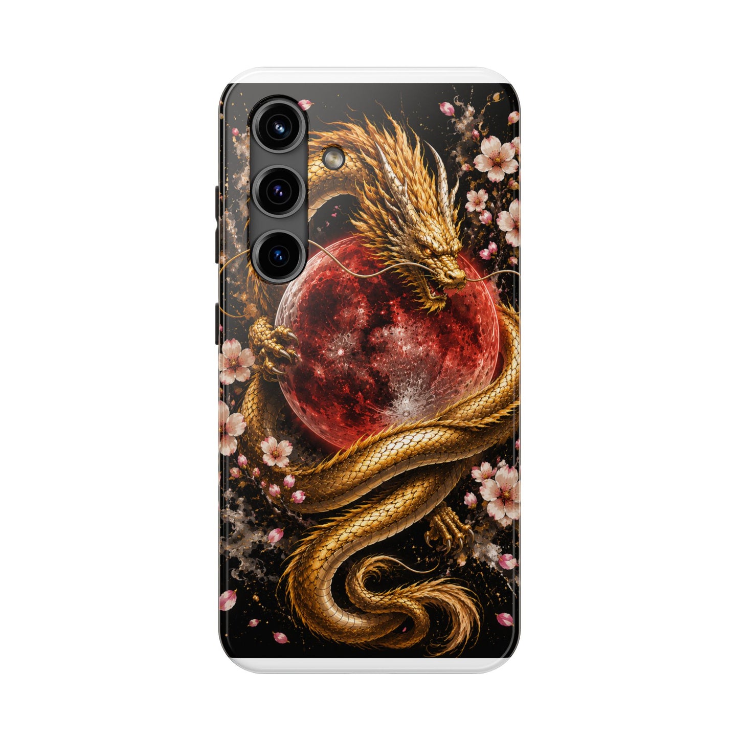 Golden Dragon Moon Tough Phone Case — Cherry Blossoms & Red Moon Protective Cover