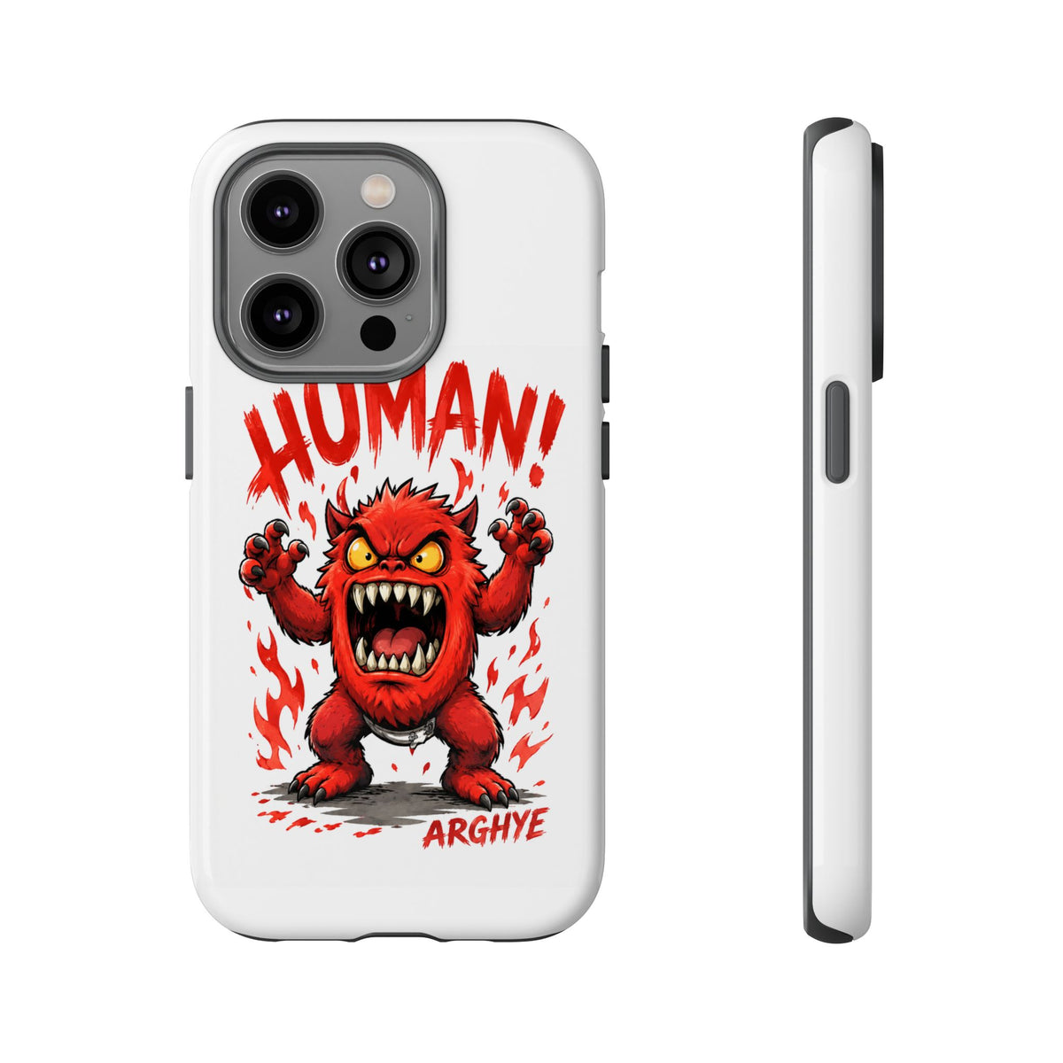Angry Monster "HUMAN!" Phone Case — Cute Fiery Creature iPhone Cover