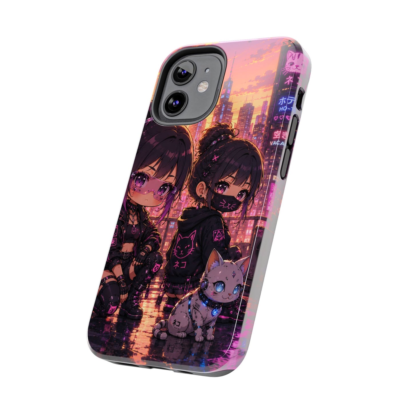 Anime City Night Tough Phone Case — Kawaii Cyberpunk Characters & Cat