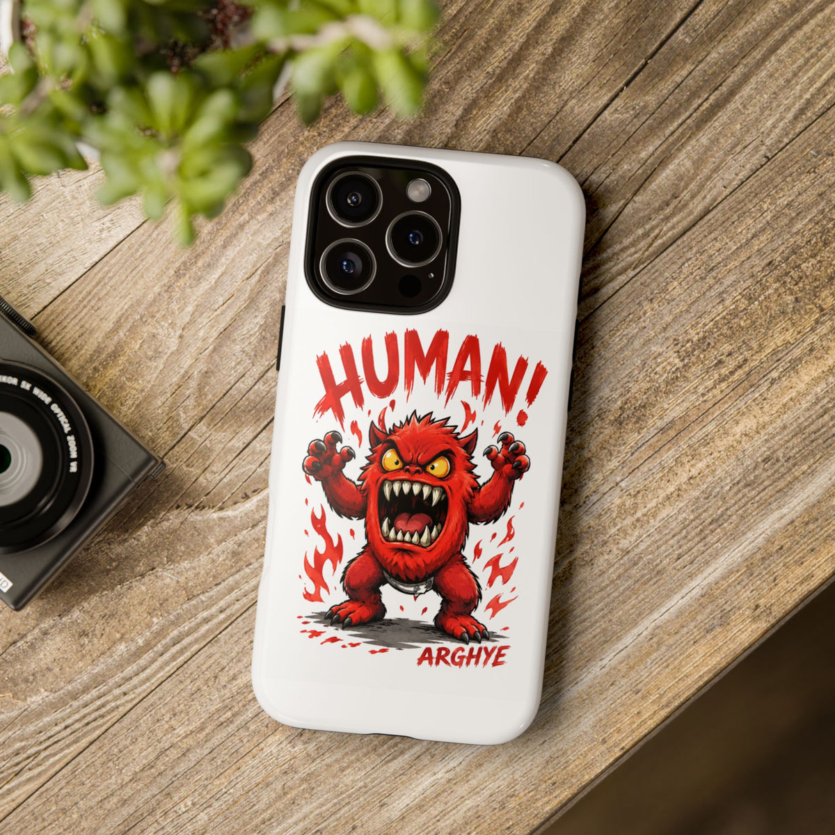 Angry Monster "HUMAN!" Phone Case — Cute Fiery Creature iPhone Cover