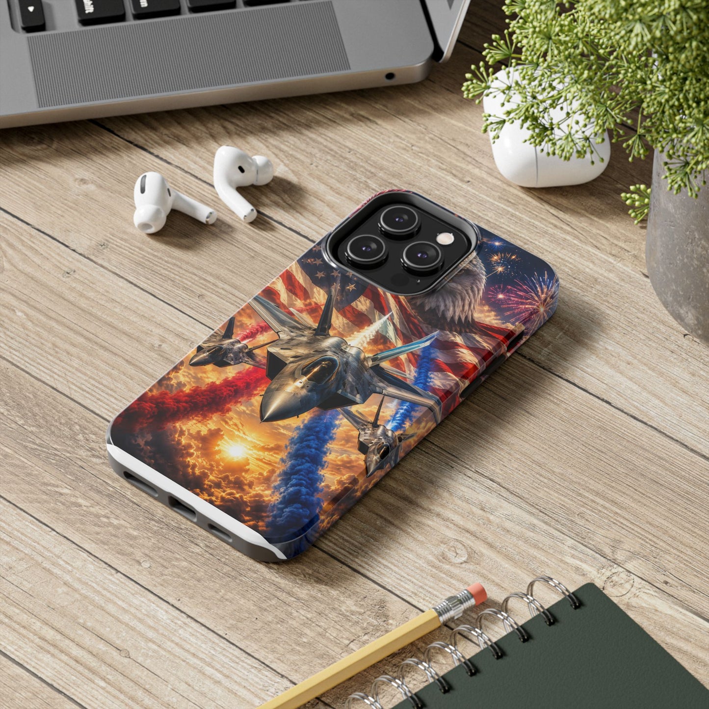 Patriotic Fighter Jet Phone Case with Eagle, American Flag & Fireworks Design