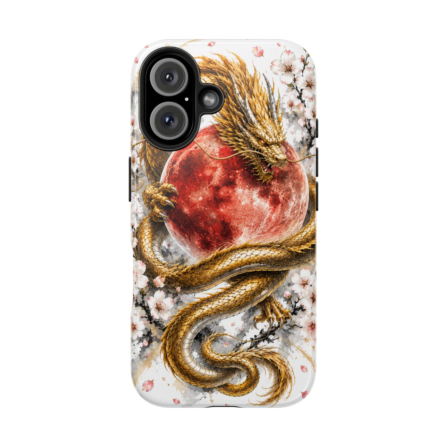 Golden Dragon Phone Case — Red Moon & Cherry Blossom Tough Phone Case