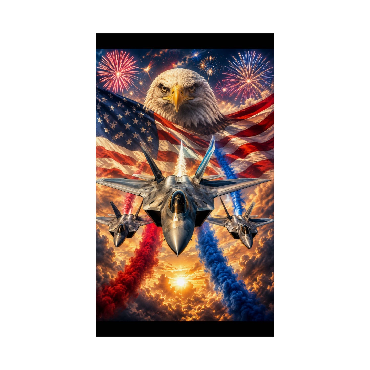 Patriotic Eagle & Fighter Jets Matte Vertical Poster — American Flag, Fireworks & 4th of July Wall Art