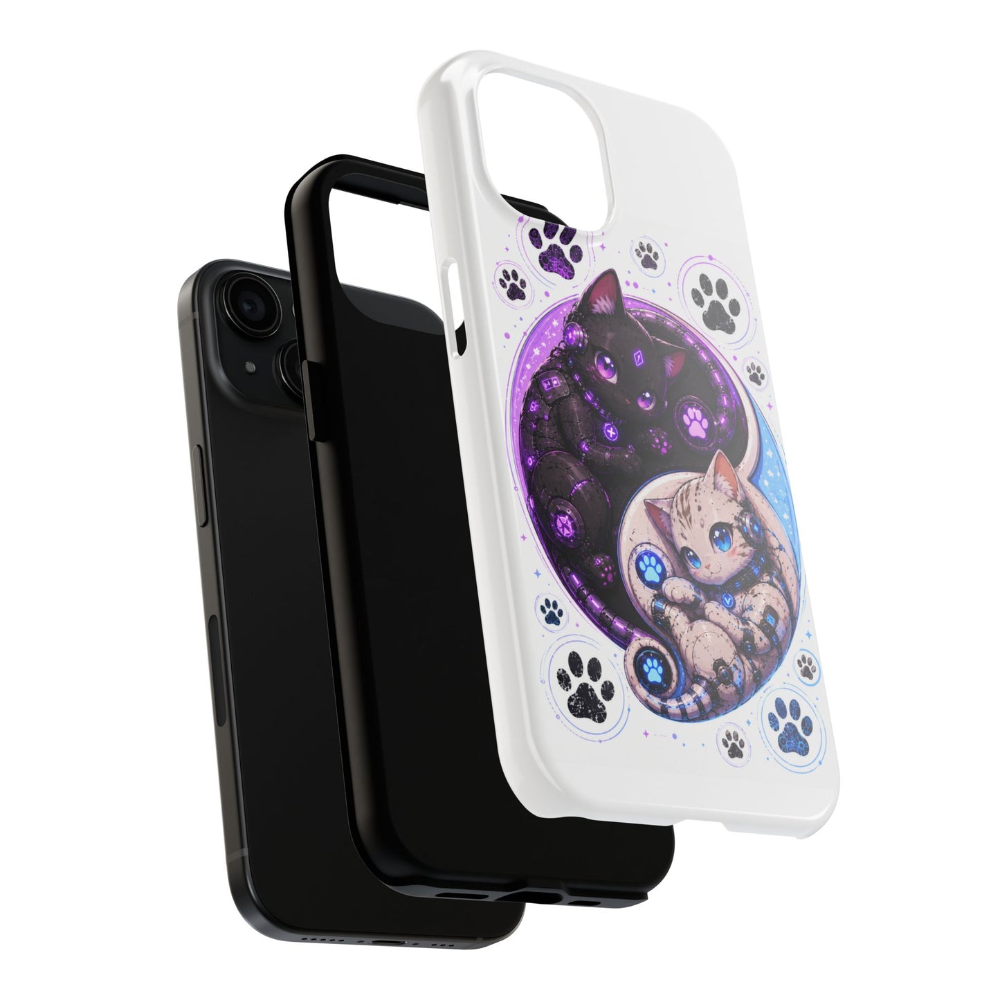 Cat Yin Yang Tough Phone Case — Black & White Kittens, Paw Print Protective Cover