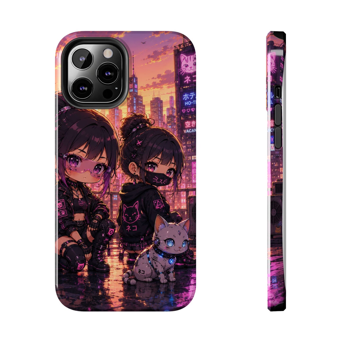 Anime City Night Tough Phone Case — Kawaii Cyberpunk Characters & Cat