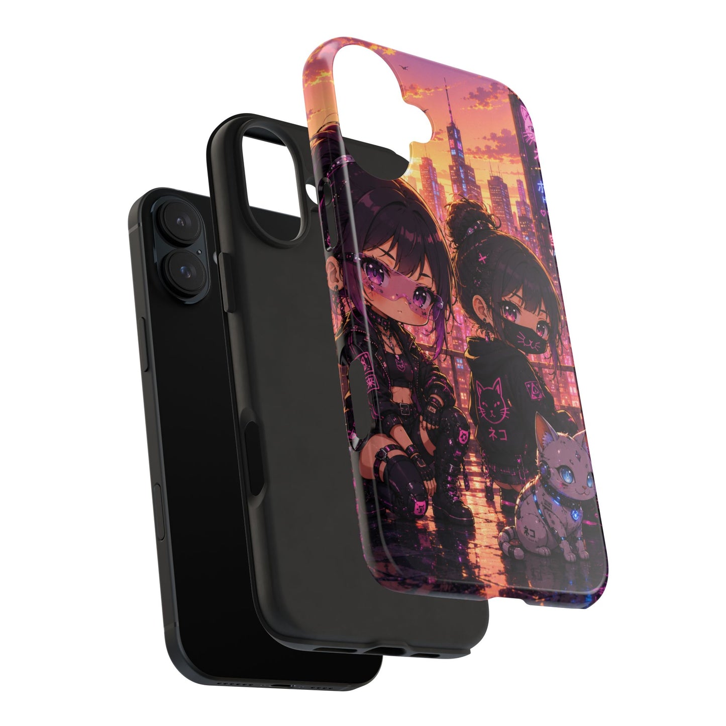 Anime City Night Tough Phone Case — Kawaii Cyberpunk Characters & Cat