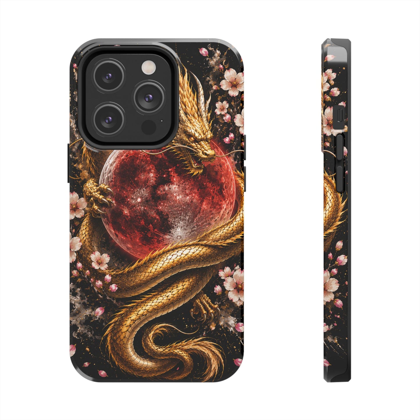 Golden Dragon Moon Tough Phone Case — Cherry Blossoms & Red Moon Protective Cover