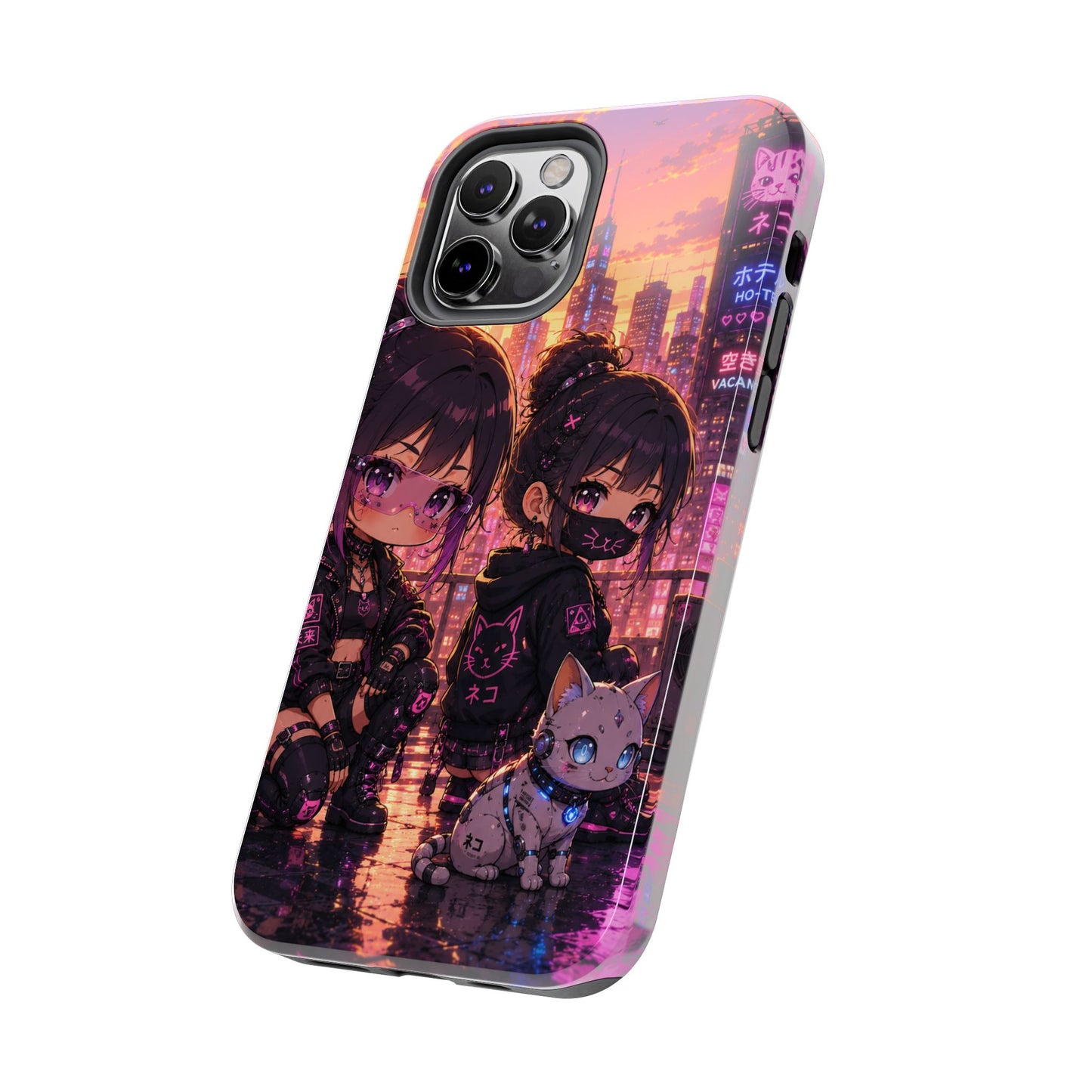 Anime City Night Tough Phone Case — Kawaii Cyberpunk Characters & Cat