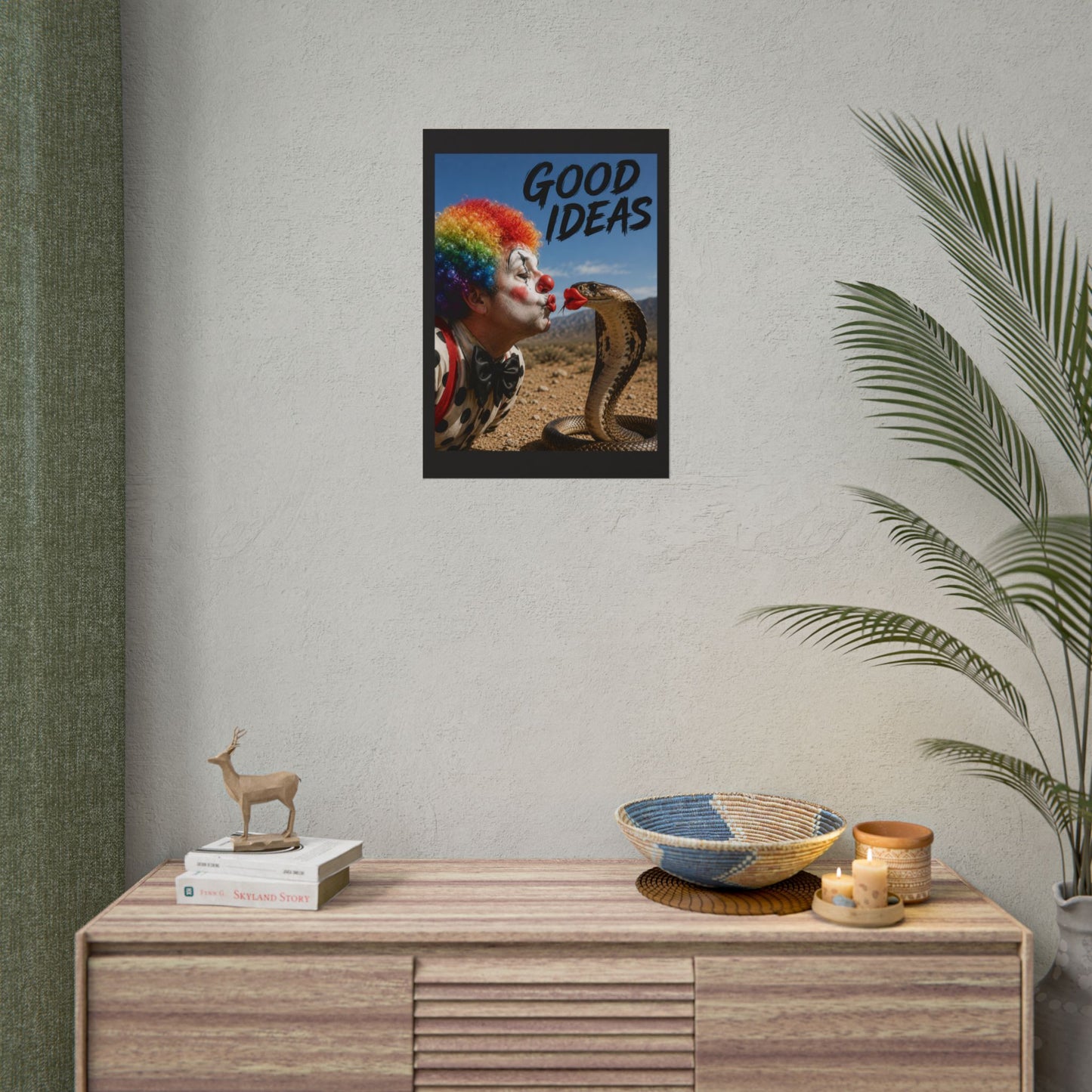 Good Ideas Clown & Snake Rolled Poster – Surreal Humor Wall Art