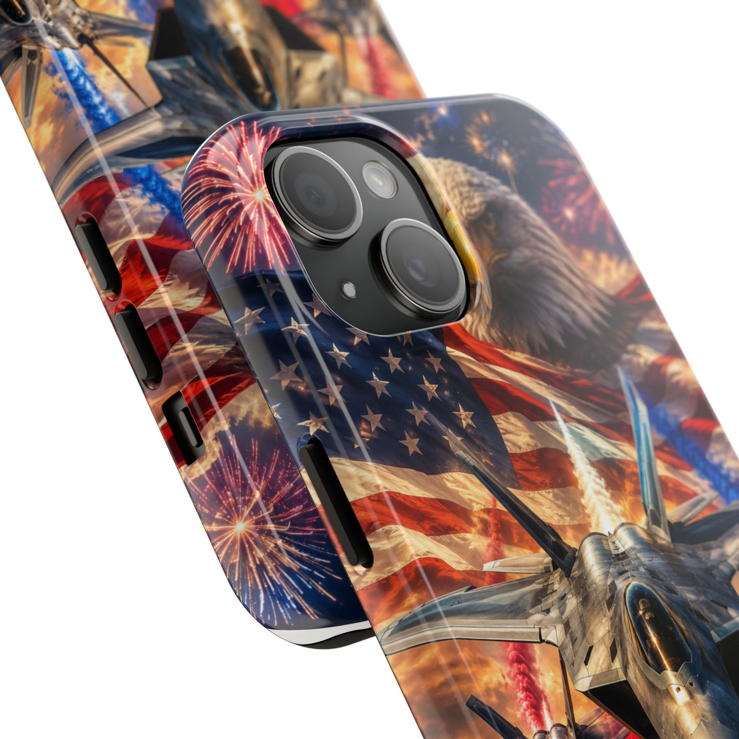Patriotic Fighter Jet Phone Case with Eagle, American Flag & Fireworks Design