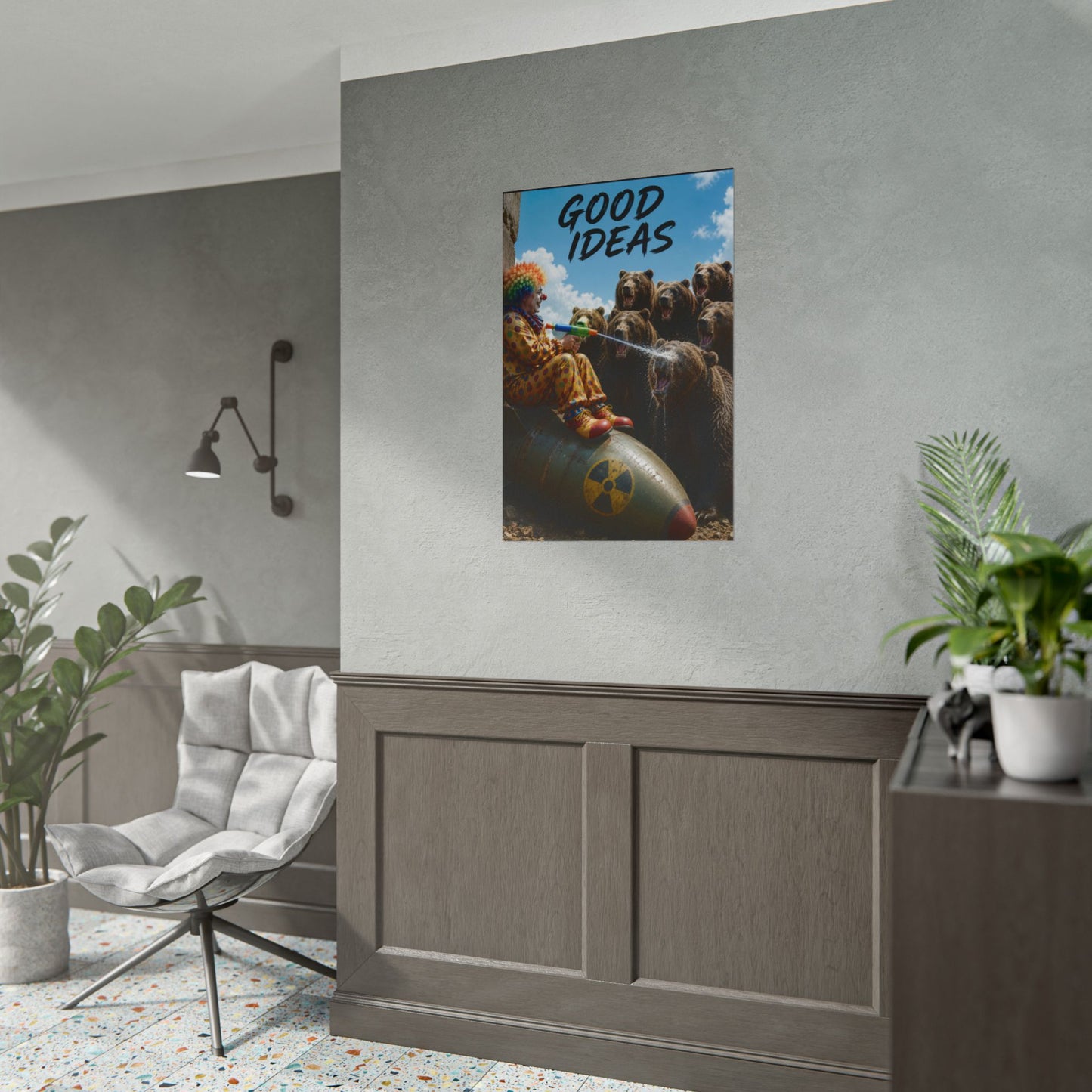 Rolled Poster - 'Good Ideas' Clown on Bomb with Bears Surreal Art Print