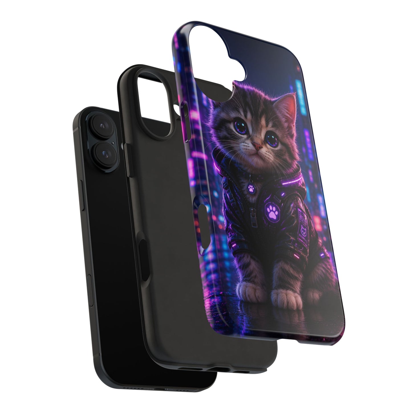 Cyberpunk Kitten Tough Phone Case — Neon Cat Protective Phone Cover