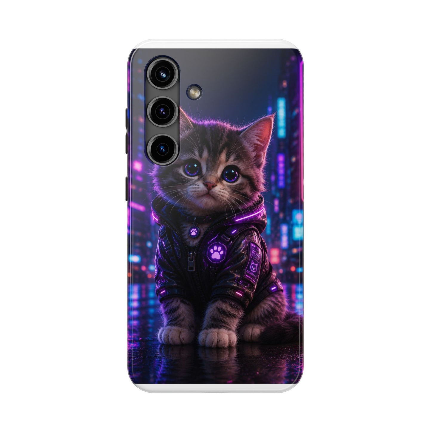Cyberpunk Kitten Tough Phone Case — Neon Cat Protective Phone Cover
